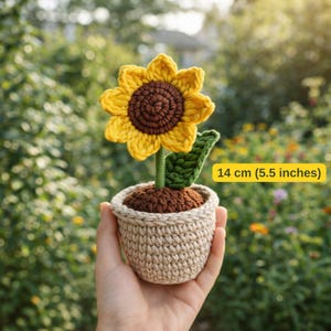 Patrón de ganchillo de girasol en PDF / Flor de amigurumi en maceta / Patrón de ganchillo fácil para principiantes / Decoración de escritorio de peluche / Descarga instantánea