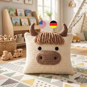 Highland Kuh Kissen Häkelanleitung | Plüsch Amigurumi Kissen PDF | Kuscheltier Kissen | Kinderzimmer Dekor | Sofortdownload