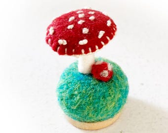 Tiny felt mushroom miniature with baby