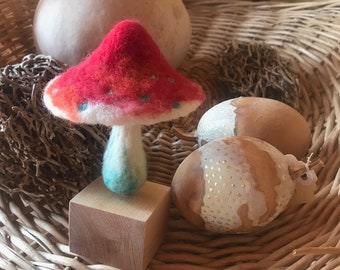 Large Needle Felted Mushroom Sculpture in Red and aqua