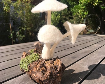 Needle Felted Mushroom Sculpture: Wool Family on Mossy Wood
