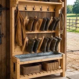 May include: A tall wooden mudroom storage unit featuring a top shelf, a row of six black metal hooks, and two tiers of angled wooden pegs for hanging boots. The base includes a galvanized metal drip tray, a wooden crate, and a woven basket.