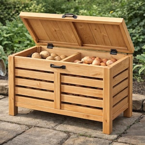 Puede incluir: Un cofre de madera para guardar verduras con tapa abatible, abierto para revelar compartimentos llenos de patatas. El cofre está construido con madera de color claro y presenta un diseño de listones en la parte delantera. El cofre está al aire libre, cerca de un jardín.