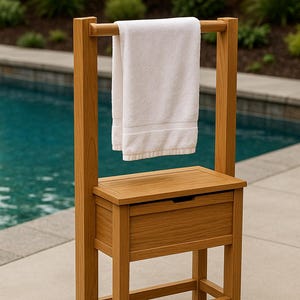 May include: A wooden towel rack with a drawer, holding a folded white towel. The rack is made of light brown wood and has a rectangular drawer. The towel is hanging from a horizontal bar at the top.