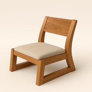May include: A wooden chair with a light beige seat cushion. The chair has a rectangular back and curved supports. The wood has a natural finish. The chair is designed for indoor use.