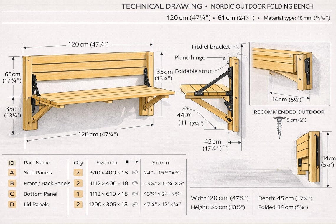 Wall Mounted Folding Bench Plans | DIY Outdoor Seating (PDF Plan) - Etsy