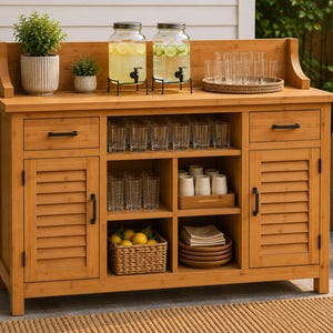 Könnte beinhalten: Ein hellbrauner Outdoor-Buffetschrank aus Holz mit zwei Lamellentüren, zwei Schubladen mit schwarzen Griffen und offenen Regalfächern. Die Oberseite ist mit zwei Glasgetränkespendern, einem Tablett mit Gläsern und zwei Pflanzen bestückt.