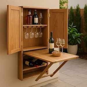 May include: A wooden outdoor bar cabinet with a fold-down table. The cabinet has two doors, shelves for bottles and glasses, and a wine rack. The table is supported by a folding leg. The cabinet is made of light-colored wood.