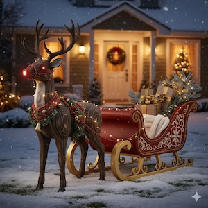 Op de afbeelding: Een houten rendier met gloeiende rode ogen en een rode slee vol ingepakte cadeaus. Het rendier is versierd met lichtjes en een slinger. De slee heeft gouden accenten en is gevuld met cadeaus en een witte deken. De scène speelt zich af in een besneeuwde tuin.