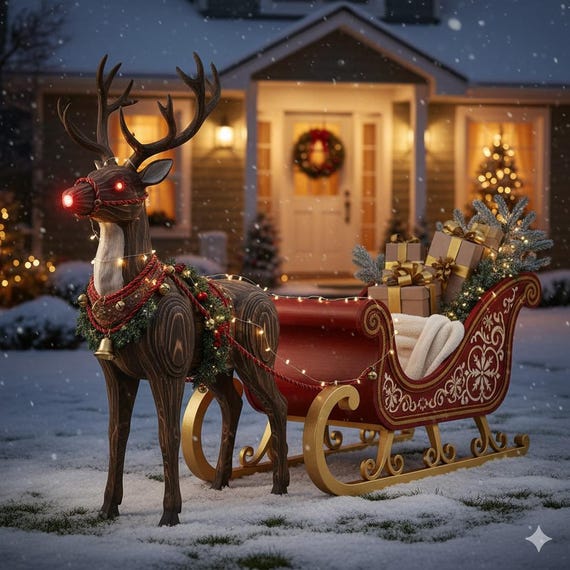 Wooden Reindeer & Sleigh Christmas Decor Set | Full-Size 1:1 Printable PDF Templates