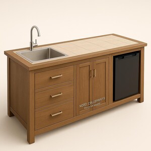 May include: A wooden outdoor kitchen island featuring a stainless steel sink and tap, three drawers, two cabinet doors, and a small black fridge. The countertop is tiled. The text "NORD CBLUEPRINTS" is visible on the cabinet.