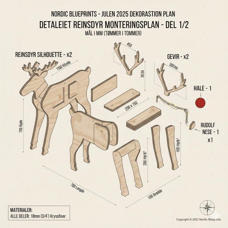 May include: A blueprint for a wooden reindeer Christmas decoration. The design includes reindeer silhouettes, antlers, and other components, with dimensions in millimeters and inches. The text includes "Nordic Blueprints" and "Julen 2025 Dekorasjon Plan".