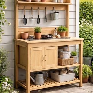 Può includere: Banco da lavoro in legno per giardinaggio con ripiano, armadietto e vano inferiore. Presenta attrezzi da giardinaggio, piante in vaso e un secchio zincato. Il banco è all'aperto su un patio.