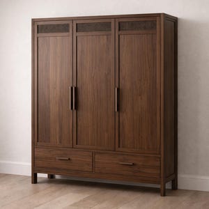 May include: A dark brown wooden wardrobe with three doors and two drawers. The wardrobe has a rectangular shape with a woven design at the top of each door panel. The doors have vertical handles.