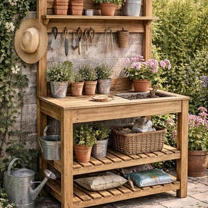Puede incluir: Banco de jardinería de madera con estante, fregadero y almacenamiento inferior. Cuenta con varias plantas en macetas, herramientas de jardinería y un sombrero de paja. El banco está contra una pared de ladrillo.