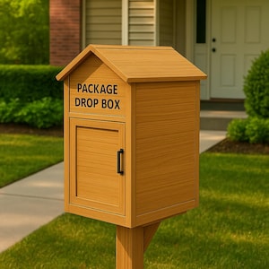 Puede incluir: Un buzón de paquetes de madera con techo inclinado, puerta y manija negra. Las palabras "PACKAGE DROP BOX" están impresas en la parte delantera. La caja está montada sobre un poste de madera y se encuentra en un césped.