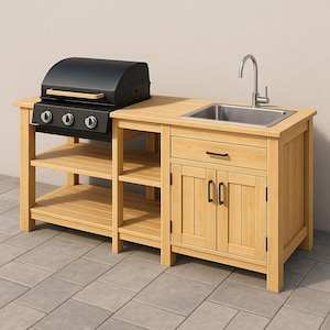 May include: A wooden outdoor kitchen island with a black grill, stainless steel sink, and storage cabinets. The island has a natural wood finish and includes shelves for storage.