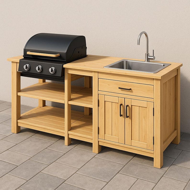 May include: A wooden outdoor kitchen island with a black grill, stainless steel sink, and storage cabinets. The island has a natural wood finish and includes shelves for storage.
