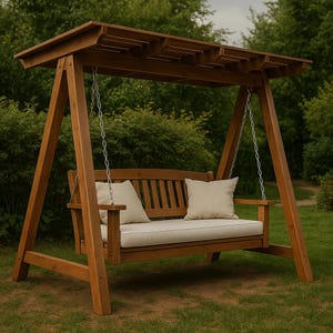 May include: A wooden garden swing with a canopy, featuring a bench with two cream-coloured cushions and two matching pillows. The swing is suspended by chains from a wooden frame, set on a grassy lawn.