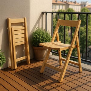 Op de afbeelding: Twee houten klapstoelen op een bruin terras. Eén stoel is opengeklapt, de andere is opgevouwen. De stoelen zijn gemaakt van lichtgekleurd hout en hebben een eenvoudig, klassiek ontwerp. Een potplant staat in de buurt, met uitzicht op de stad.