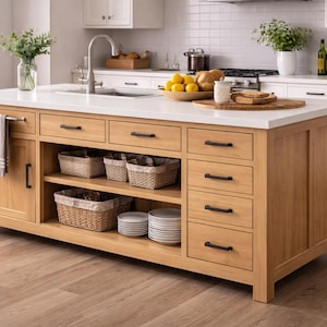 Op de afbeelding: Een licht houten keukeneiland met een wit aanrechtblad, laden en open schappen. Het eiland heeft zwarte hardware, geweven manden en een handdoekenrek. Het keukeneiland staat in een lichte, moderne keuken.