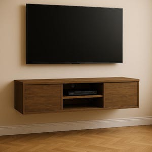 May include: A wall-mounted, dark brown wooden media console with two cabinet doors and an open shelf. A black flat-screen television is mounted above the console. The console has a modern design and is suitable for a living room or entertainment area.