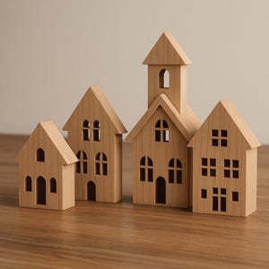 Könnte beinhalten: Eine Sammlung von vier Holzhäusern mit unterschiedlichen Designs. Die Häuser sind aus hellfarbenem Holz gefertigt und verfügen über ausgeschnittene Fenster und Türen. Ein Haus hat einen Turm, der einer Kirche ähnelt. Die Häuser sind auf einer Holzoberfläche angeordnet.