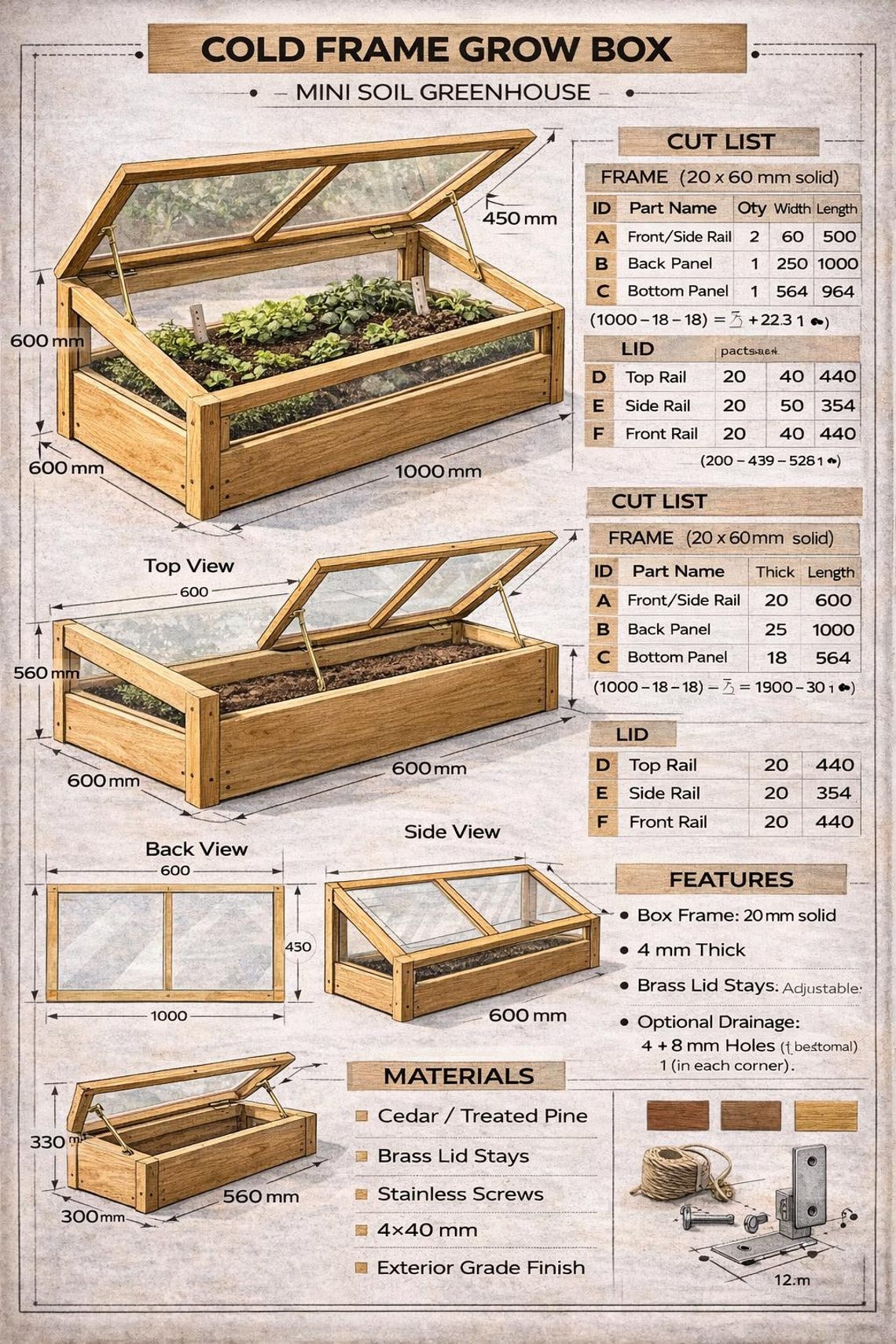 Wooden Cold Frame Grow Box Plans | Scandinavian Garden Greenhouse (PDF ...