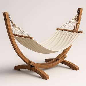 Può includere: Un'amaca in legno con letto in tela color crema. Il telaio è in legno curvo marrone chiaro e ha una base robusta. L'amaca è progettata per il relax all'aperto. Dimensioni: circa 250 cm di lunghezza.