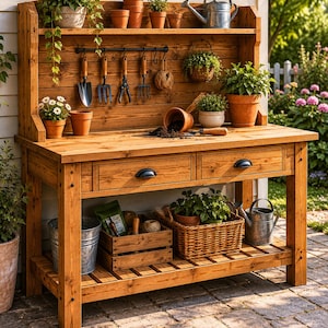 Pode incluir: Uma bancada de jardinagem de madeira com prateleira superior, duas gavetas e uma prateleira inferior ripada. A bancada contém vários vasos de terracota, plantas verdes, um regador de metal e ferramentas penduradas num suporte preto.