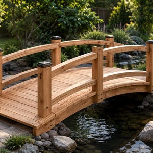 Op de afbeelding: Een lichtbruine houten tuinbrug met een gebogen ontwerp. De brug heeft een lattenbodem en leuningen, met donkere vierkante doppen op de palen. Hij overspant een kleine beek met rotsen en groen, een rustgevend tuinontwerp.