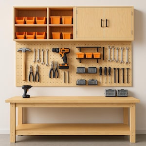 Puede incluir: Un banco de trabajo de madera con un panel perforado y un armario de almacenamiento. El panel perforado contiene varias herramientas, incluyendo un martillo, llaves, alicates y un taladro. Contenedores de almacenamiento naranja están en el armario y en el panel.