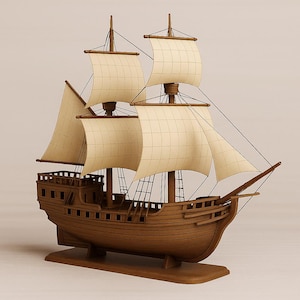 Puede incluir: Maqueta de madera detallada de un velero con velas beige y casco de madera marrón. El barco tiene múltiples mástiles y velas, y está montado sobre una base de madera. Artículo decorativo.