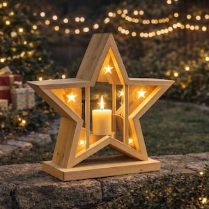 May include: Wooden star-shaped candle holder with a lit candle inside. The star has cut-out star shapes and is illuminated by small lights. The candle holder is on a stone surface, with blurred lights and gifts in the background.