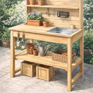 May include: A wooden potting bench with a stainless steel sink, shelves, and a lower storage area. The bench holds potted plants, gardening tools, and a watering can. Two wooden boxes are placed below the lower shelf. The bench is set on a stone patio.