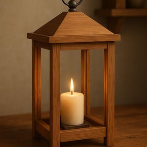 May include: A wooden lantern with a lit candle inside. The lantern has a rectangular frame and a peaked roof. A black metal handle is attached to the top. The candle is white and cylindrical, sitting on a dark square base. The wood has a warm, natural tone.