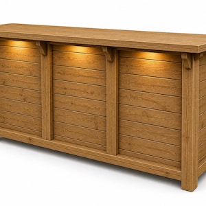 Könnte beinhalten: Eine Holz-Außenbar mit hellbraunem Finish. Die Bar hat eine rechteckige Oberseite und ein Lattenfrontdesign. Unter der Oberseite ist eine warme Beleuchtung installiert. Die Bar ist aus Holz gefertigt und hat ein robustes Aussehen.