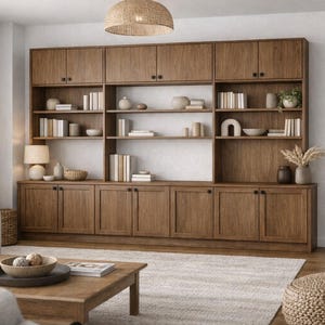 May include: A large, wooden built-in bookcase with cabinets and open shelving. The shelves display books, decorative vases, and small plants. A woven light fixture hangs from the ceiling, and a coffee table sits in front of the bookcase.