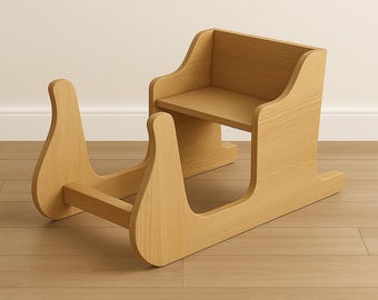 May include: A light-colored wooden sled-style chair with a seat and backrest. The chair has curved runners and a simple, modern design. The chair is made of light-colored wood and is suitable for a child.