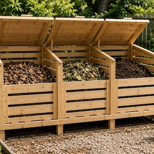Pode incluir: Uma estrutura de compostagem de madeira com três compartimentos separados e tampas articuladas. O design em madeira clara com ripas permite a circulação de ar, com cada secção contendo diferentes materiais orgânicos como folhas e terra.