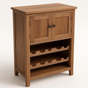 May include: A wooden wine cabinet with a warm brown finish. The cabinet features two doors at the top with small, dark knobs, and open shelving below for wine bottle storage. The cabinet is designed with a classic, sturdy build.