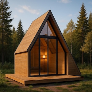 Puede incluir: Cabaña con estructura en A con exterior de madera y gran fachada de cristal. La cabaña tiene un tejado oscuro y se asienta sobre una plataforma de madera. El interior es visible a través del cristal, con una lámpara que proporciona luz cálida. La cabaña está rodeada de árboles.