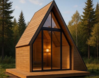May include: A-frame cabin with a wooden exterior and a large glass front. The cabin has a dark roof and sits on a wooden deck. The interior is visible through the glass, with a lamp providing warm light. The cabin is surrounded by trees.