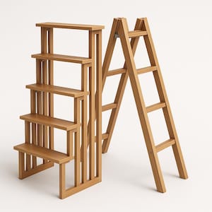 May include: A wooden bookshelf with five shelves and a wooden ladder. The bookshelf has a rectangular frame with vertical supports. The ladder is leaning against the bookshelf. Both are made of light brown wood.