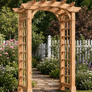Peut inclure: Une tonnelle de jardin en bois brun clair dotée d'une poutre supérieure incurvée aux extrémités crantées décoratives et de deux panneaux latéraux verticaux formés d'un treillis carré, reposant sur des poteaux de base carrés robustes.