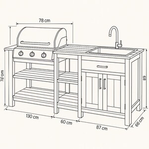 May include: Outdoor kitchen island with a built-in gas grill, sink, and storage. The grill is 78 cm wide, the island is 130 cm long, and the height is 76 cm. The sink area has a faucet and a drawer. The cabinet doors are below the sink.