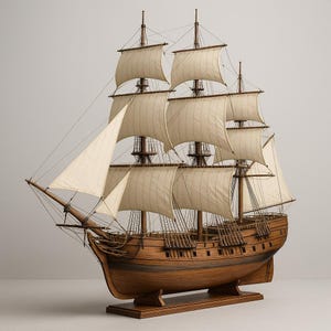 May include: A detailed wooden model of a sailing ship with multiple masts and sails. The ship features a brown hull, tan sails, and intricate rigging. The model is displayed on a wooden stand, showcasing the craftsmanship of a classic nautical vessel.