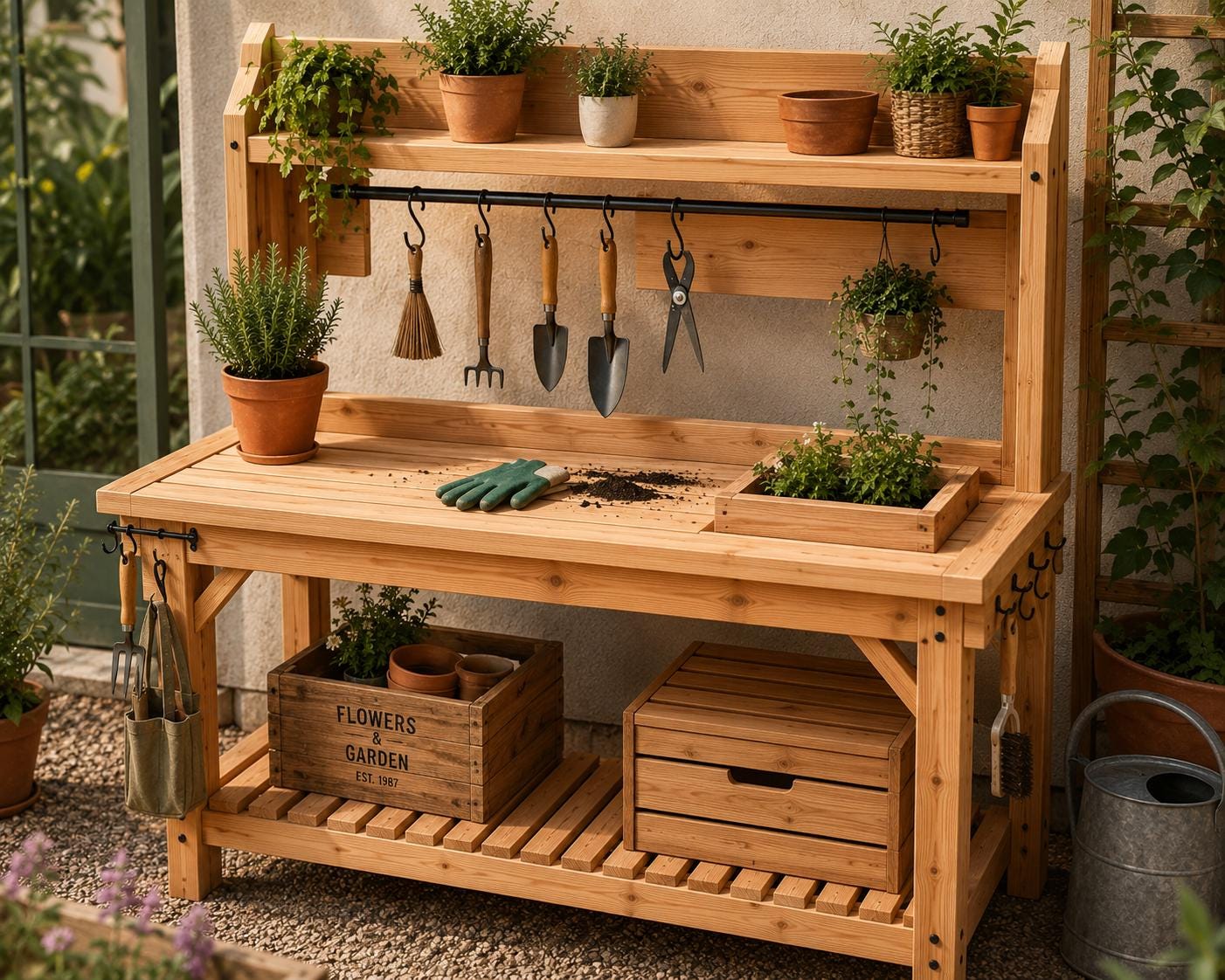 Outdoor Potting Bench Deluxe Plans | DIY Garden Workstation Blueprint ...