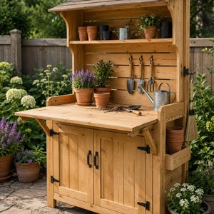 Wooden Potting Cabinet with Fold-Down Table Plans | DIY Garden Workstation PDF