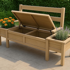 Puede incluir: Banco de jardín de madera clara con asiento abatible que revela espacio de almacenamiento. Tiene jardineras en cada extremo, una con flores naranjas y otra con lavanda. Ideal para uso en exteriores.